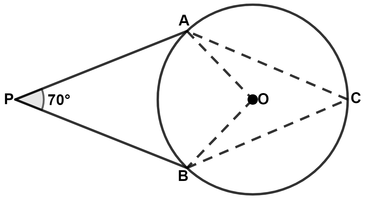 PA and PB are tangents to a circle with center O. If angle BPA = 70°, the angle ACB is : Tangents and Intersecting Chords, Concise Mathematics Solutions ICSE Class 10.