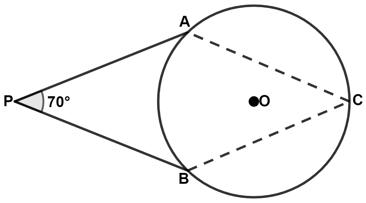 PA and PB are tangents to a circle with center O. If angle BPA = 70°, the angle ACB is : Tangents and Intersecting Chords, Concise Mathematics Solutions ICSE Class 10.