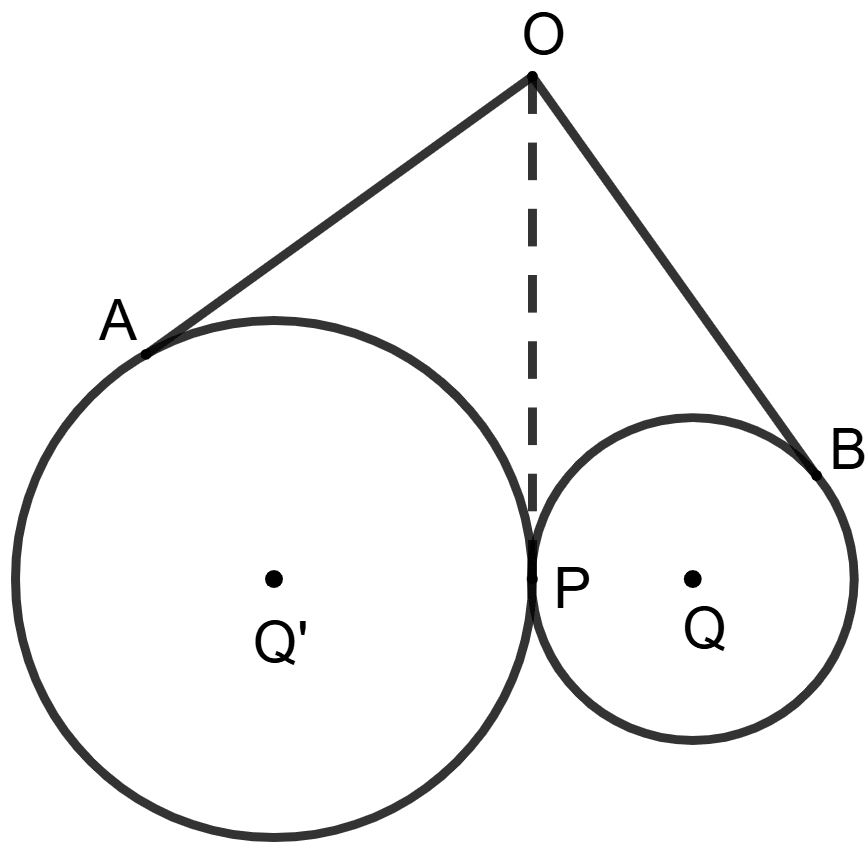 Two circles touch each other externally at point P. OA and OB are the tangent of the two circles (as shown) and OA = 10 cm. Concise Mathematics Solutions ICSE Class 10.