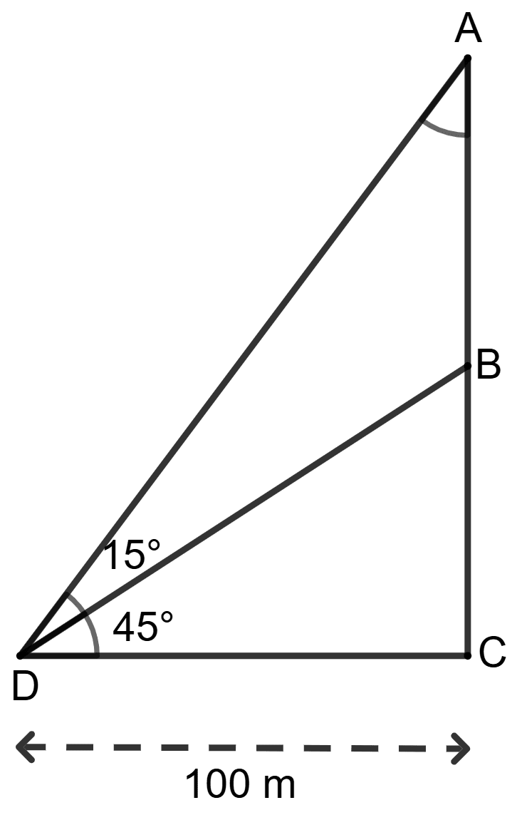 CD = 100 m, ∠ADB = 15° and ∠BDC = 45°. Concise Mathematics Solutions ICSE Class 10.