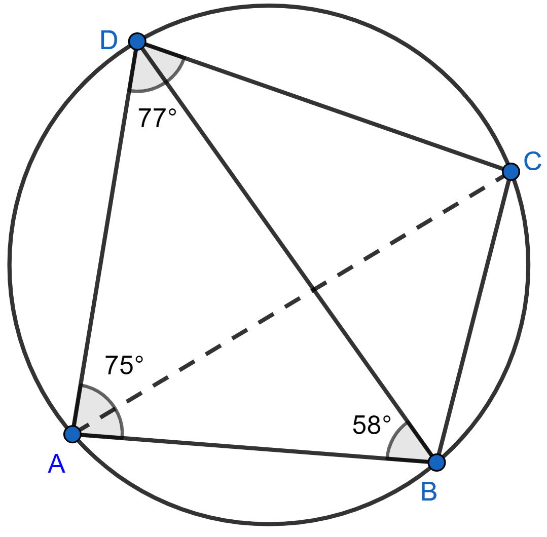 In the figure, ABCD is a cyclic quadrilateral in which ∠BAD = 75°; ∠ABD = 58° and ∠ADC = 77°. Find ∠BDC, ∠BCD, ∠BCA. Circles, Concise Mathematics Solutions ICSE Class 10.