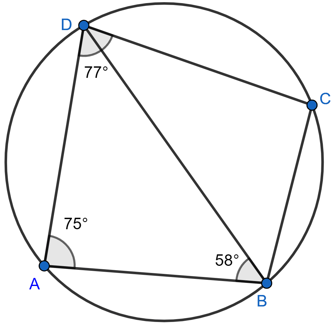 In the figure, ABCD is a cyclic quadrilateral in which ∠BAD = 75°; ∠ABD = 58° and ∠ADC = 77°. Find ∠BDC, ∠BCD, ∠BCA. Circles, Concise Mathematics Solutions ICSE Class 10.