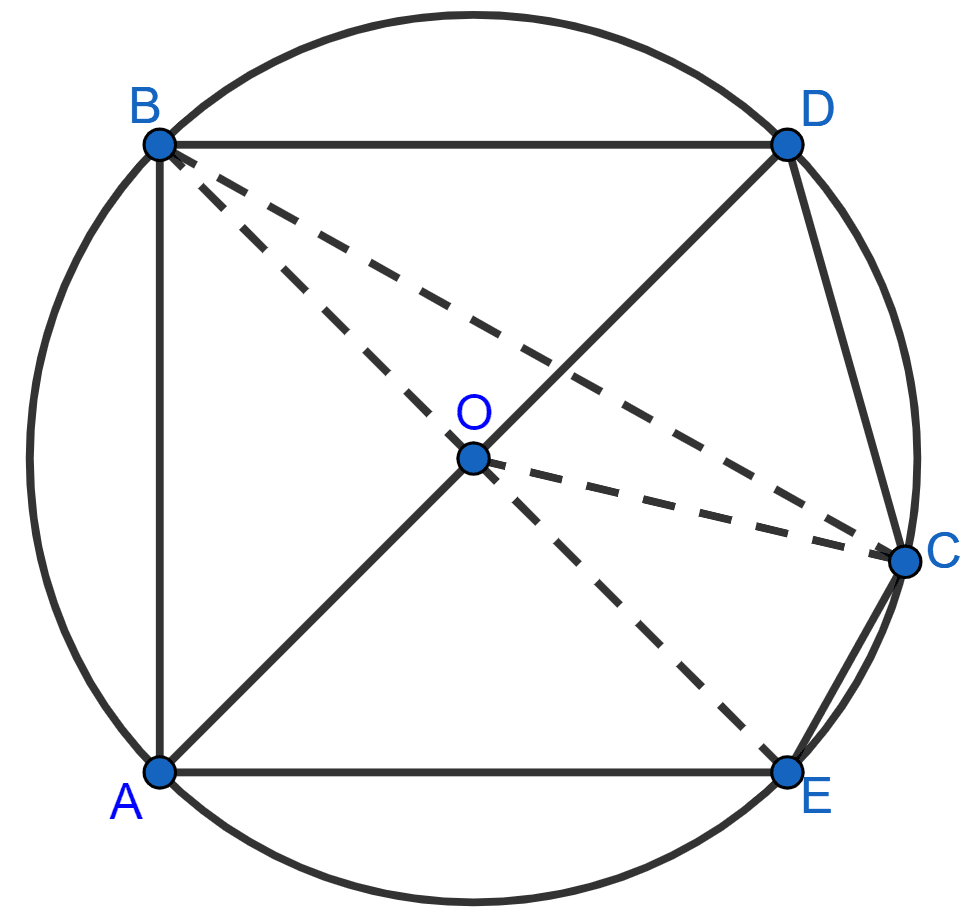 In the figure, BD is a side of regular hexagon, DC is a side of a regular pentagon and AD is a diameter. Calculate : ∠ADC,   ∠BDA, ∠ABC,  ∠AEC. Circles, Concise Mathematics Solutions ICSE Class 10.