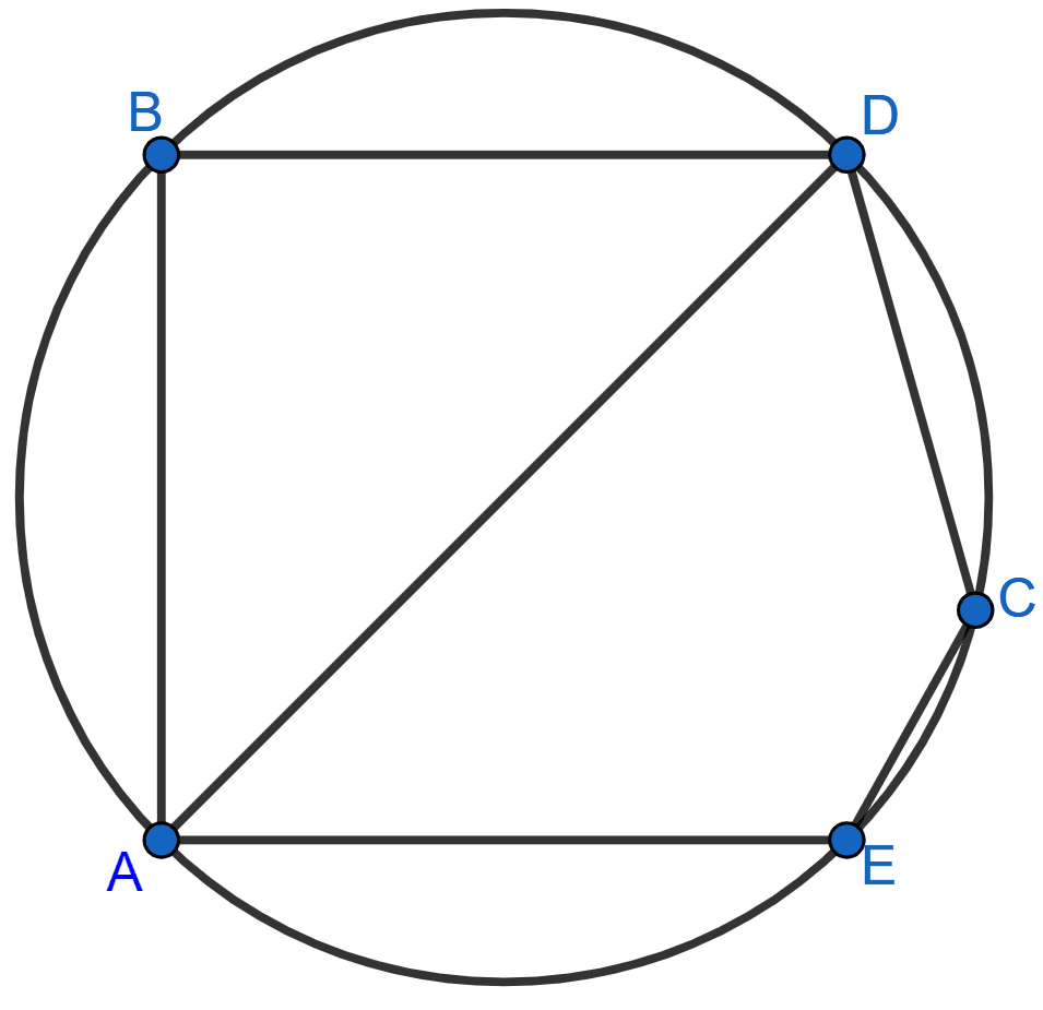 In the figure, BD is a side of regular hexagon, DC is a side of a regular pentagon and AD is a diameter. Calculate : ∠ADC,   ∠BDA, ∠ABC,  ∠AEC. Circles, Concise Mathematics Solutions ICSE Class 10.