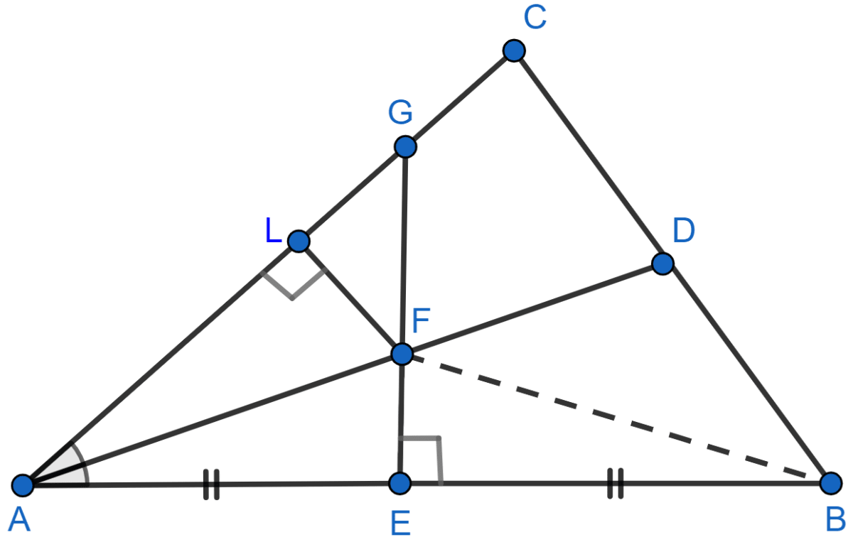 The figure shows a triangle ABC in which AD bisects angle BAC. EG is perpendicular bisector of side AB which intersects AD at point F. Prove that (i) F is equidistant from A and B. (ii) F is equidistant from AB and AC. Loci, Concise Mathematics Solutions ICSE Class 10.