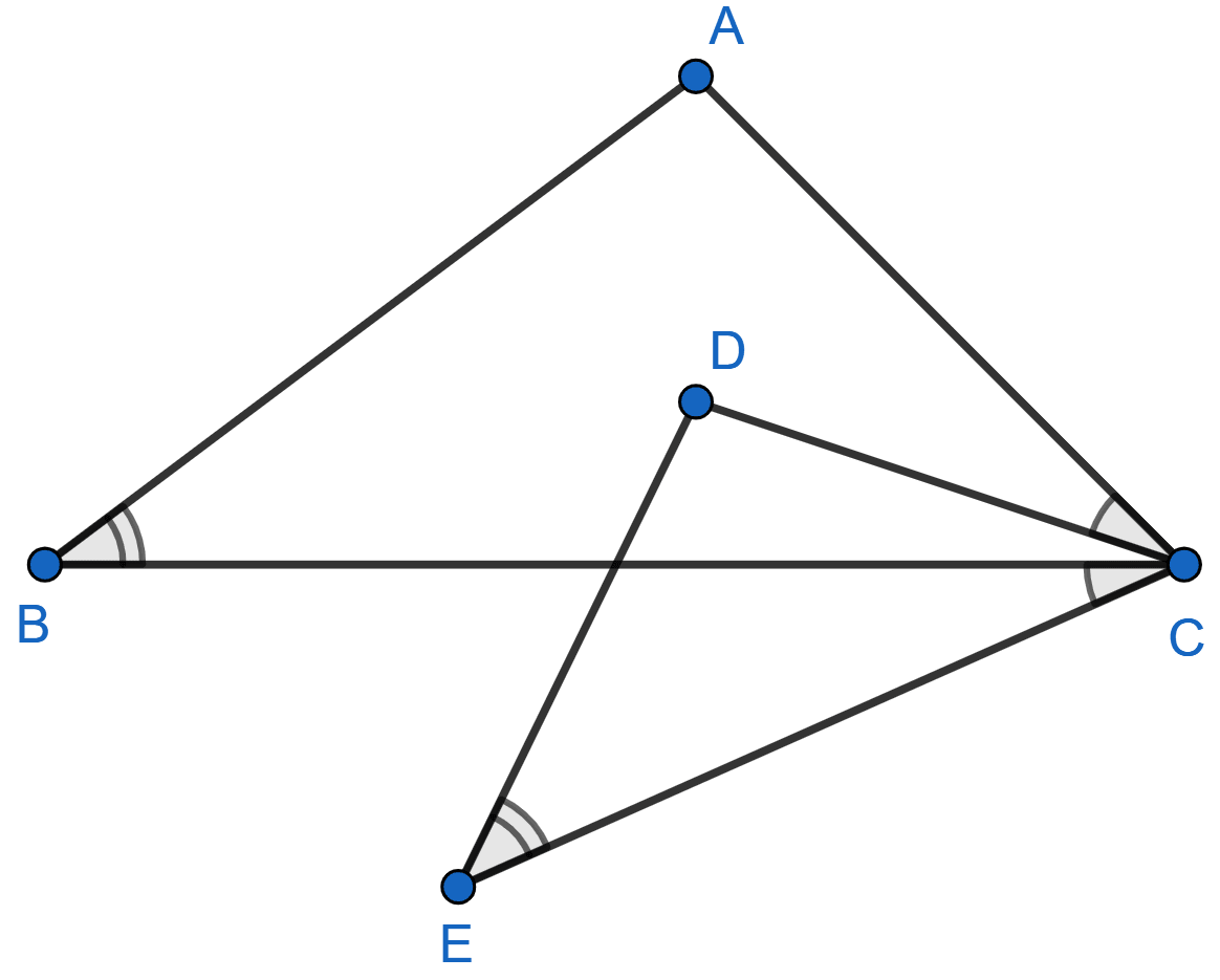 In the figure, ∠B = ∠E, ∠ACD = ∠BCE, AB = 10.4 cm and DE = 7.8 cm. Find the ratio between areas of the △ABC and △DEC. Similarity, Concise Mathematics Solutions ICSE Class 10.