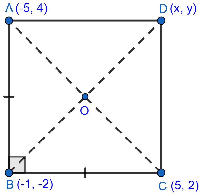 Prove that the points A(-5, 4); B(-1, -2) and C(5, 2) are the vertices of an isosceles right angled triangle. Find the co-ordinates of D so that ABCD is a square. Section and Mid-Point Formula, Concise Mathematics Solutions ICSE Class 10.