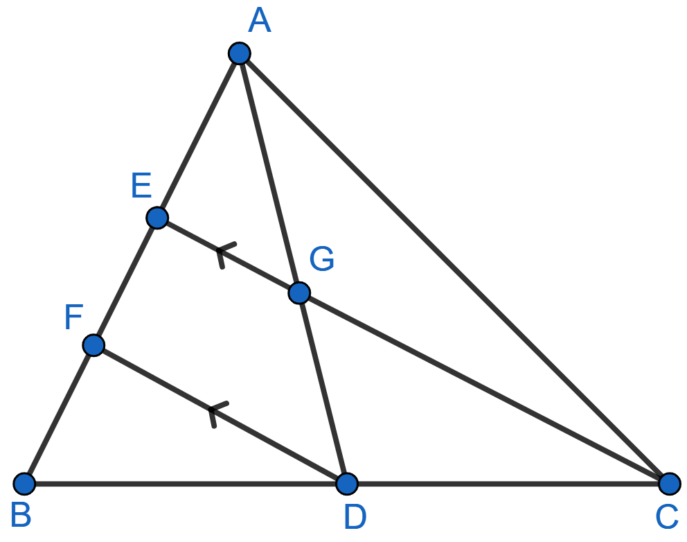 In the figure, AD and CE are medians of ∆ABC. DF is drawn parallel to CE. Prove that: (i) EF = FB, (ii) AG : GD = 2 : 1. Similarity, Concise Mathematics Solutions ICSE Class 10.