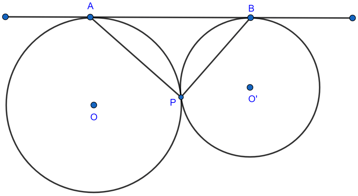 In the figure, two circles touch each other externally at point P. AB is the direct common tangent of these circles. Prove that (i) tangent at point P bisects AB (ii) angle APB = 90°. Tangents and Intersecting Chords, Concise Mathematics Solutions ICSE Class 10.