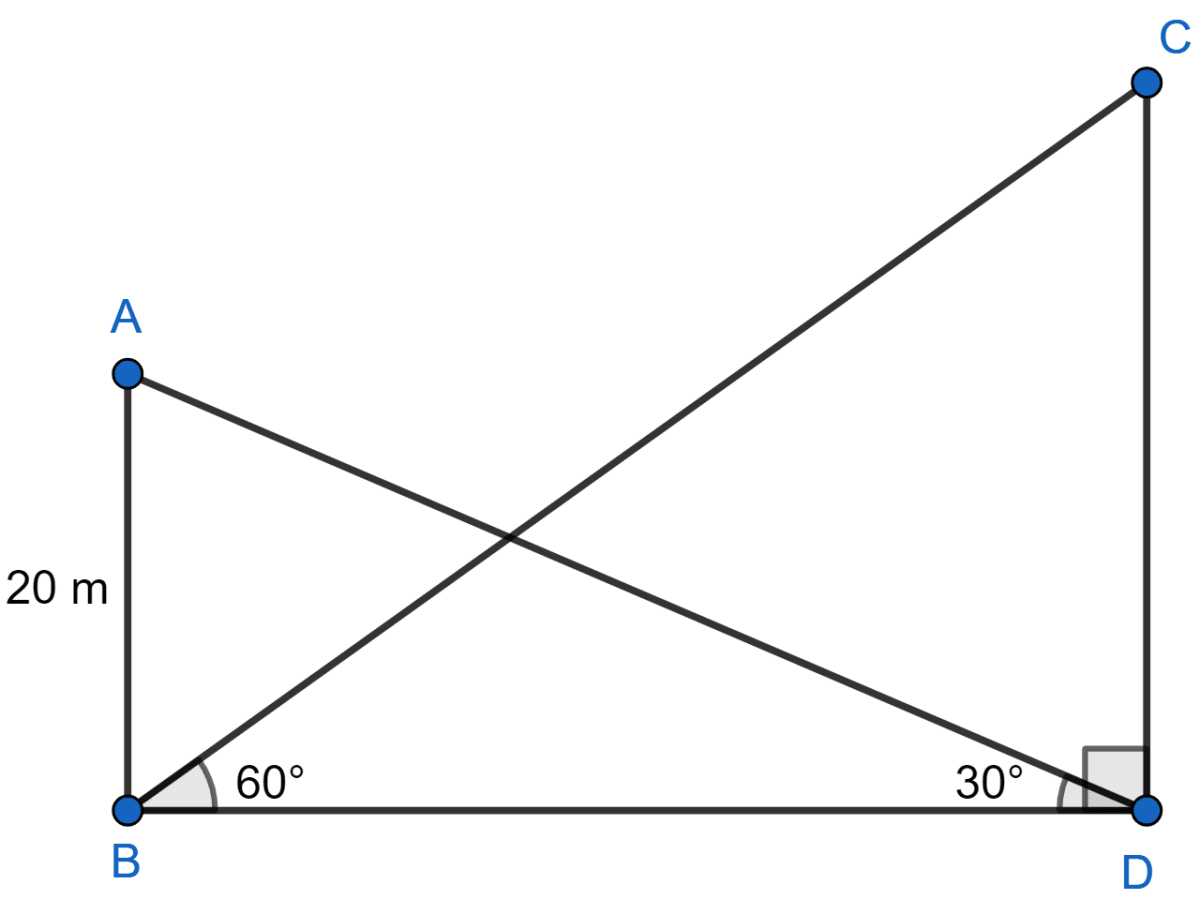 A 20 m high vertical pole and a vertical tower are on the same level ground in such a way that the angle of elevation of the top of the tower, as seen from the foot of the pole, is 60° and the angle of elevation of the top of the pole, as seen from the foot of tower is 30°. Find : (i) the height of the tower; (ii) the horizontal distance between the pole and the tower. Heights and Distances, Concise Mathematics Solutions ICSE Class 10.