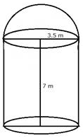 A metal container in the form of a cylinder is surmounted by a hemisphere of the same radius. The internal height of the cylinder is 7 m and the internal radius is 3.5 m. Calculate : (i) the total area of the internal surface, excluding the base; (ii) the internal volume of the container in m<sup>3</sup>. Cylinder, Cone, Sphere, Concise Mathematics Solutions ICSE Class 10.