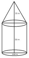 An exhibition tent is in the form of a cylinder surmounted by a cone. The height of the tent above ground is 85 m and height of the cylindrical part is 50 m. If the diameter of the base is 168 m, find the quantity of canvas required to make the tent. Allow 20% extra for fold and for stitching. Give your answer to the nearest m<sup>2</sup>. Cylinder, Cone, Sphere, Concise Mathematics Solutions ICSE Class 10.