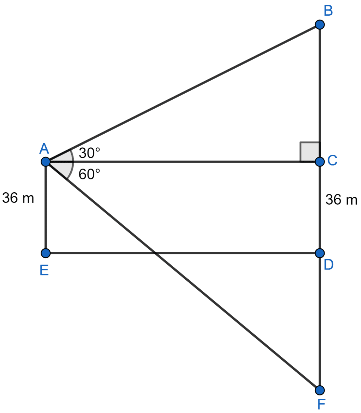 From a point, 36 m above the surface of a lake, the angle of elevation of a bird is observed to be 30° and the angle of depression of its image in the water of the lake is observed to be 60°. Find the actual height of the bird above the surface of the lake. Heights and Distances, Concise Mathematics Solutions ICSE Class 10.