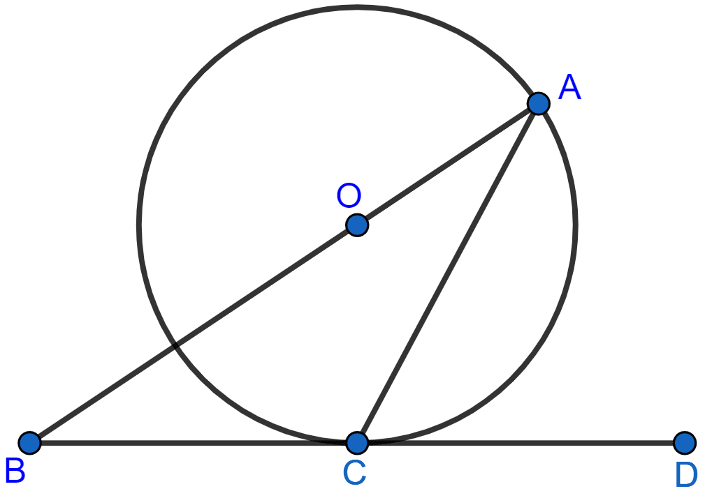 The figure shows a circle with centre O and BCD is a tangent to it at C. Show that : ∠ACD + ∠BAC = 90°. Tangents and Intersecting Chords, Concise Mathematics Solutions ICSE Class 10.