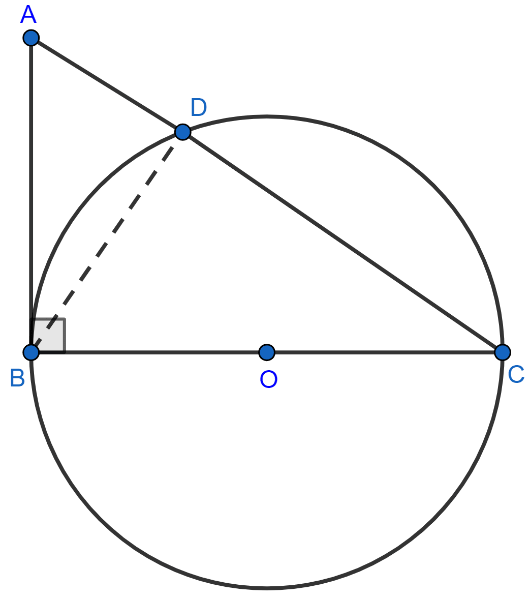 ABC is a right triangle with angle B = 90°. A circle with BC as diameter meets hypotenuse AC at point D. Prove that: (i) AC x AD = AB^2 (ii) BD^2 = AD x DC. Tangents and Intersecting Chords, Concise Mathematics Solutions ICSE Class 10.