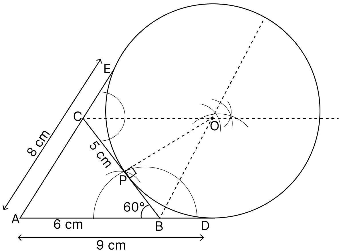Construct a triangle ABC with ∠ABC = 60°, AB = 6 cm and BC = 5 cm. Extend side AB to a point D so that AD = 9 cm. Also, extend side AC to a point E so that AE = 8 cm. Construct a circle which must touch AB produced, BC and AC produced. Concise Mathematics Solutions ICSE Class 10.