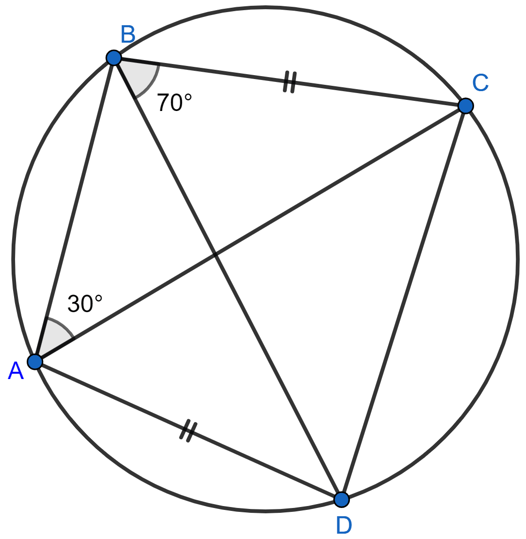 In cyclic quadrilateral ABCD; AD = BC, ∠BAC = 30° and ∠CBD = 70°; find : (i) ∠BCD (ii) ∠BCA (iii) ∠ABC (iv) ∠ADC. Circles, Concise Mathematics Solutions ICSE Class 10.