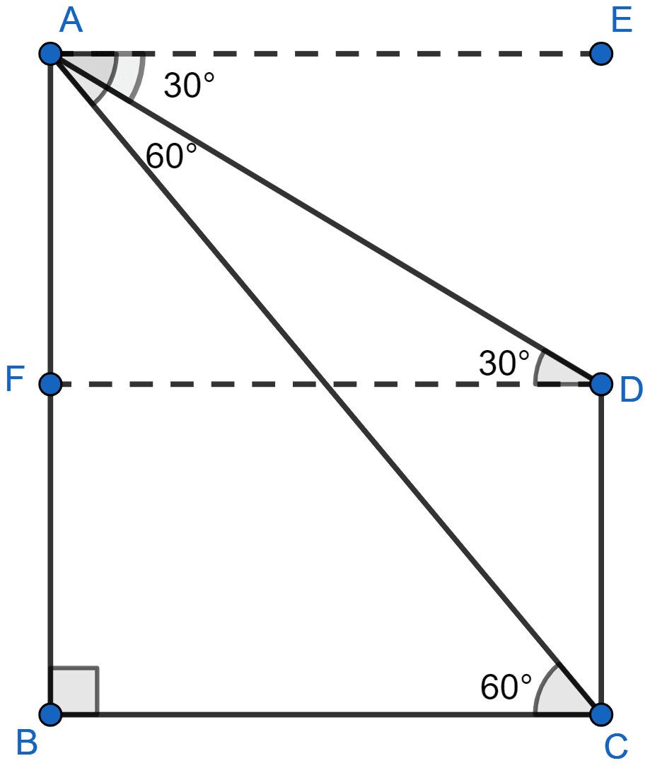 In the given figure, from the top of a building AB = 60 m high, the angles of depression of the top and bottom of a vertical lamp post CD are observed to be 30° and 60° respectively. Find : (i) the horizontal distance between AB and CD. (ii) the height of the lamp post. Heights and Distances, Concise Mathematics Solutions ICSE Class 10.