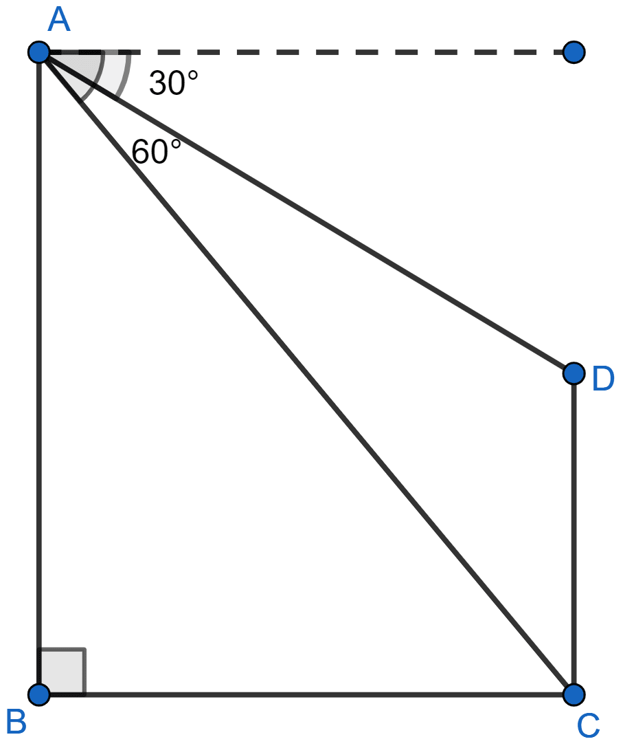 In the given figure, from the top of a building AB = 60 m high, the angles of depression of the top and bottom of a vertical lamp post CD are observed to be 30° and 60° respectively. Find : (i) the horizontal distance between AB and CD. (ii) the height of the lamp post. Heights and Distances, Concise Mathematics Solutions ICSE Class 10.