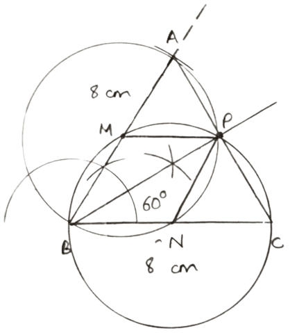 Angle ABC = 60° and BA = BC = 8 cm. The mid points of BA and BC are M and N respectively. Draw and describe the locus of a point which is (i) Equidistant from BA and BC (ii) 4 cm from M (iii) 4 cm from N Mark the point P, which is 4 cm from both M and N, and equidistant from BA and BC. Join MP and NP, and describe the figure BMPN. Loci, Concise Mathematics Solutions ICSE Class 10.