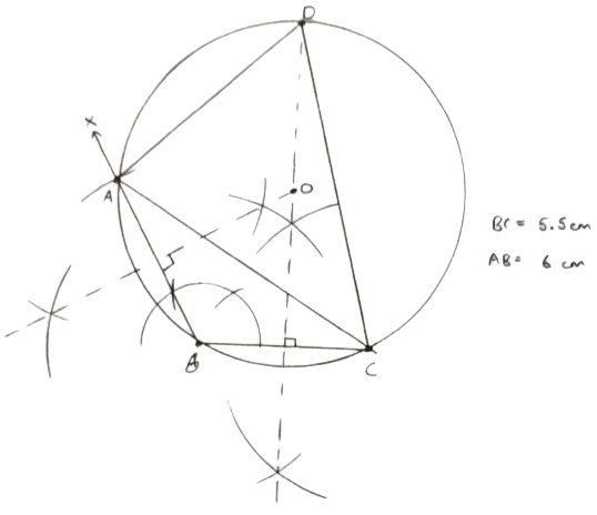 Construct a triangle ABC in which base BC = 5.5 cm, AB = 6 cm and ∠ABC = 120°. (i) Construct a circle circumscribing the triangle ABC. (ii) Draw a cyclic quadrilateral ABCD so that D is equidistant from B and C. Constructions, Concise Mathematics Solutions ICSE Class 10.