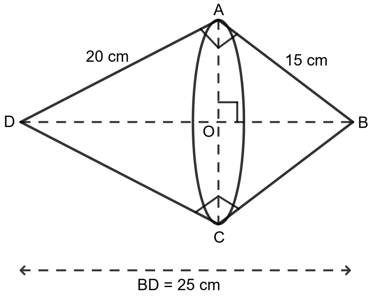 The given figure shows a right triangle ABD with sides 15 cm, 20 cm and 25 cm. The triangle is revolved about its hypotenuse, find the volume of the double cone so formed. Model Question Paper - 2, Concise Mathematics Solutions ICSE Class 10.