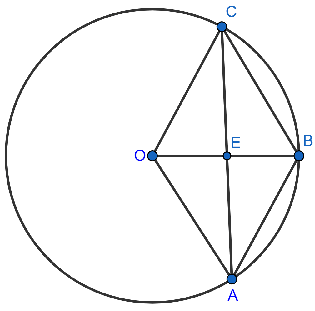 OABC is a rhombus whose three vertices A, B and C lie on a circle with centre O. (i) If the radius of the circle is 10 cm, find the area of the rhombus. (ii) If the area of the rhombus is 32√3 cm2, find the radius of the circle. Tangents and Intersecting Chords, Concise Mathematics Solutions ICSE Class 10.