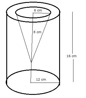 From a solid cylinder whose height is 16 cm and radius is 12 cm, a conical cavity of height 8 cm and of base radius 6 cm is hollowed out. Find the volume and total surface area of the remaining solid. Cylinder, Cone, Sphere, Concise Mathematics Solutions ICSE Class 10.