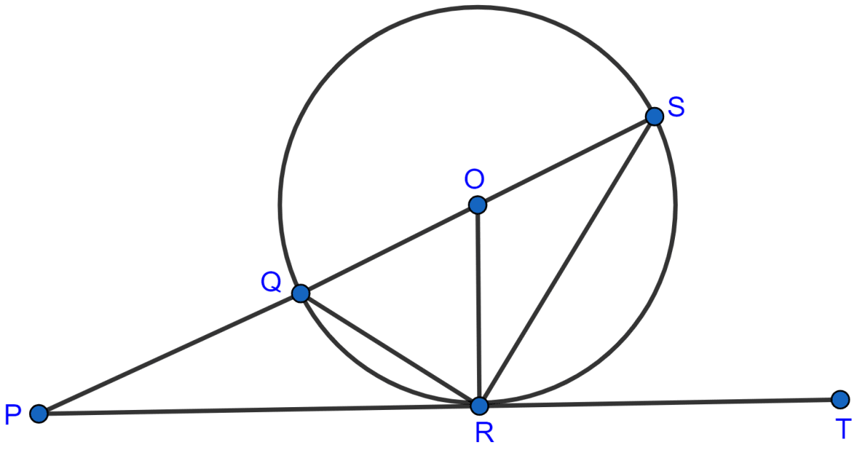 In the figure, PT touches the circle with center O at point R. Diameter SQ is produced to meet the tangent TR at P. Given ∠SPR = x° and ∠QRP = y° prove that : (i) ∠ORS = y°  (ii) write an expression connecting x and y. Tangents and Intersecting Chords, Concise Mathematics Solutions ICSE Class 10.