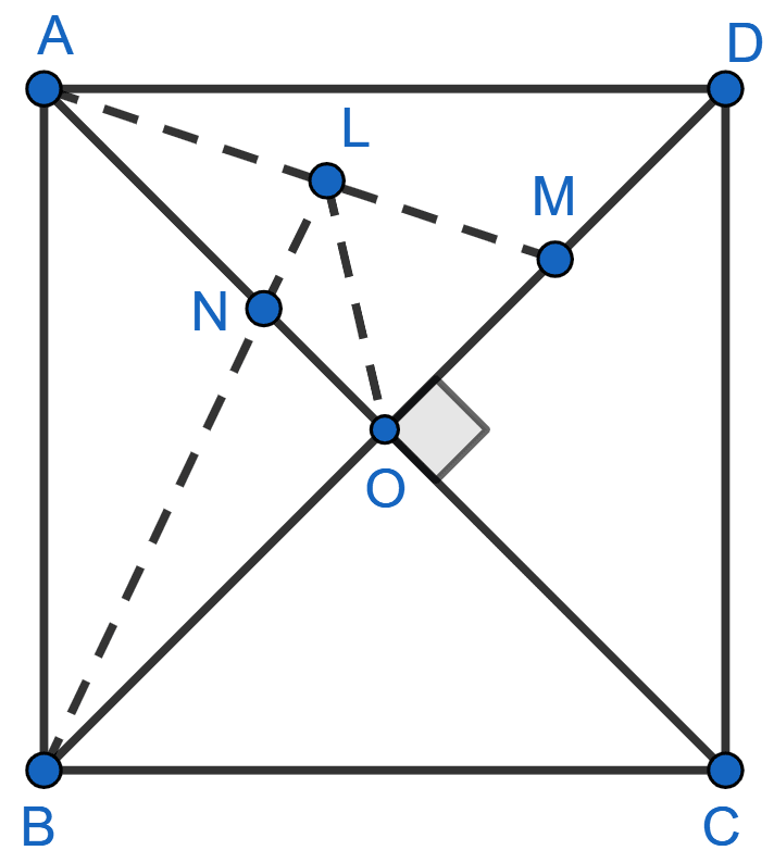 In a square ABCD, its diagonals AC and BD intersect each other at point O. The bisector of angle DAO meets BD at point M and the bisector of angle ABD meets AC at N and AM at L. Show that : (i) ∠ONL + ∠OML = 180° (ii) ∠BAM = ∠BMA (iii) ALOB is a cyclic quadrilateral. Tangents and Intersecting Chords, Concise Mathematics Solutions ICSE Class 10.