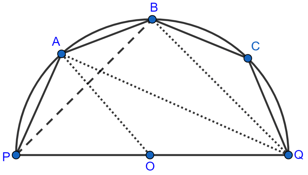 The figure shows a semi-circle with center O and diameter PQ. If PA = AB and ∠BCQ = 140°; find measures of angles PAB and AQB. Also, show that AO is parallel to BQ. Tangents and Intersecting Chords, Concise Mathematics Solutions ICSE Class 10.