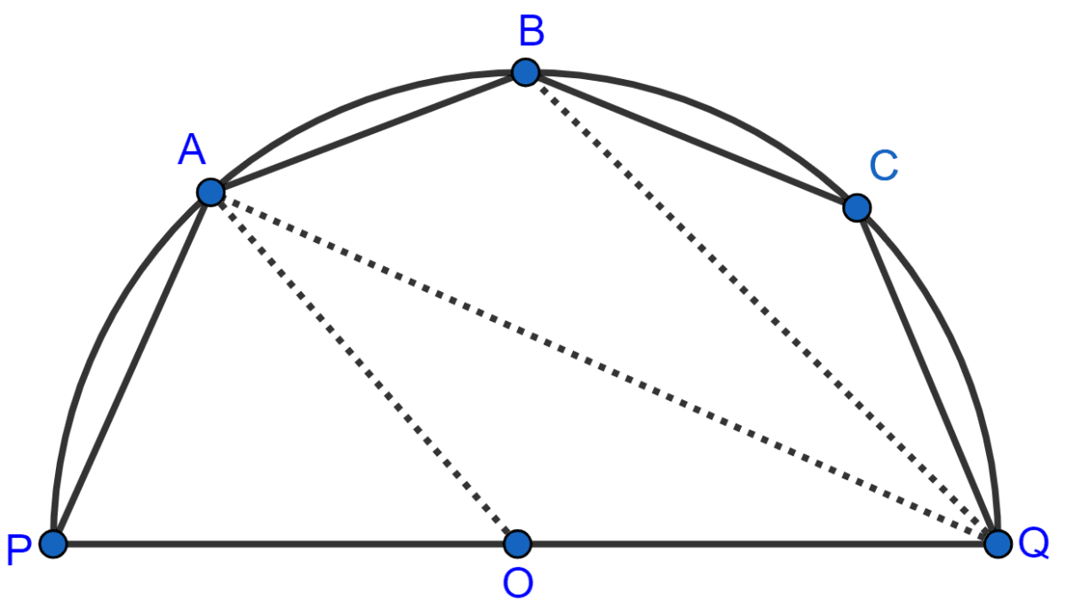 The figure shows a semi-circle with center O and diameter PQ. If PA = AB and ∠BCQ = 140°; find measures of angles PAB and AQB. Also, show that AO is parallel to BQ. Tangents and Intersecting Chords, Concise Mathematics Solutions ICSE Class 10.