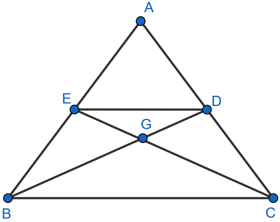 In the figure, given below, the medians BD and CE of a triangle ABC meet at G. Prove that : (i) △EGD ~ △CGB and (ii) BG = 2GD from (i) above. Similarity, Concise Mathematics Solutions ICSE Class 10.