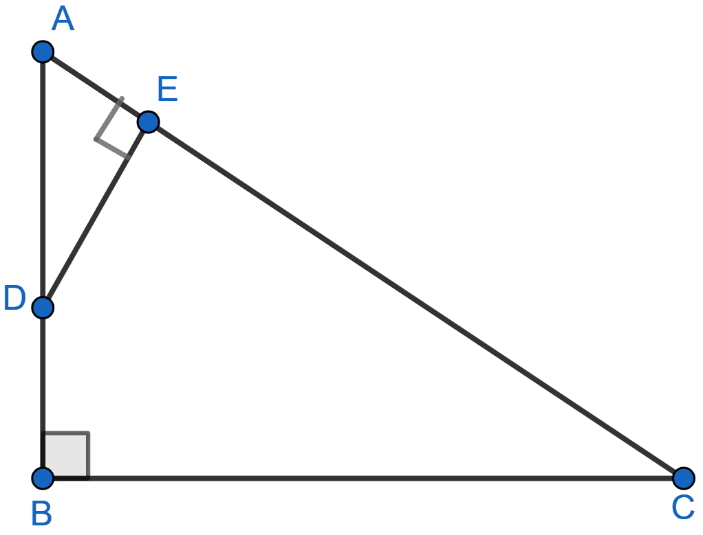 ABC is a right angled triangle with ∠ABC = 90°. D is any point on AB and DE is perpendicular to AC. Prove that (i) △ADE ~ △ACB (ii) If AC = 13 cm, BC = 5 cm and AE = 4 cm. Find DE and AD. (iii) Find, area of △ADE : area of quadrilateral BCED. Similarity, Concise Mathematics Solutions ICSE Class 10.