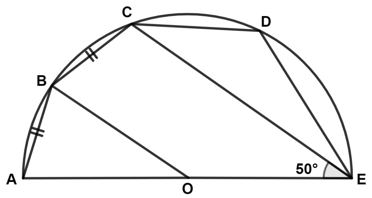 The give figure shows a semicircle with center at point O and AE as diameter. Chord AB = chord BC and angle CEO = 50°. Model Question Paper - 3, Concise Mathematics Solutions ICSE Class 10.