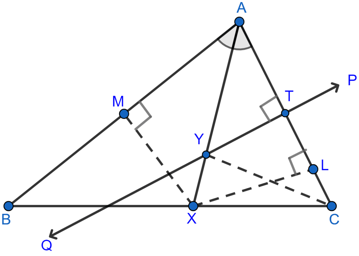 Given: AX bisects angle BAC and PQ is perpendicular bisector of AC which meets AX at point Y. Prove: (i) X is equidistant from AB and AC. (ii) Y is equidistant from A and C. Loci, Concise Mathematics Solutions ICSE Class 10.