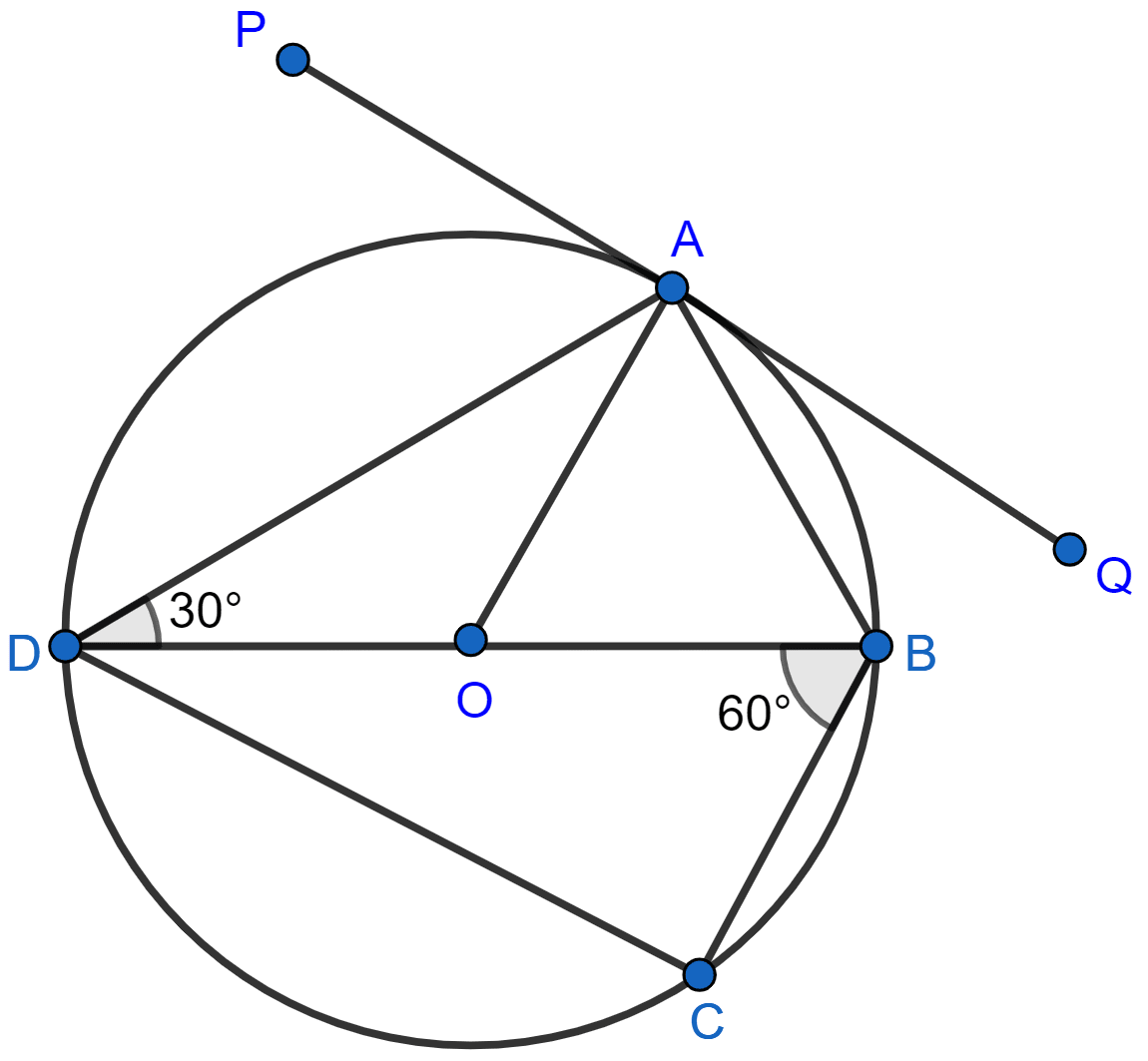 In the figure, PQ is the tangent to the circle at A, DB is a diameter and O is the centre of the circle. If ∠ADB = 30° and ∠CBD = 60°, calculate: (i) ∠QAB, (ii) ∠PAD, (iii) ∠CDB. Tangents and Intersecting Chords, Concise Mathematics Solutions ICSE Class 10.