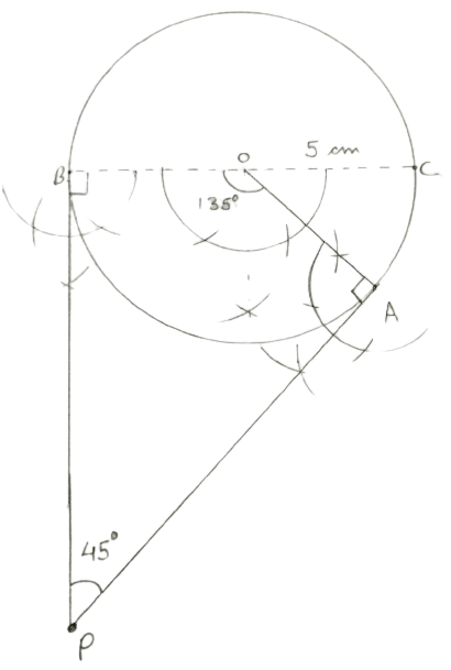 Draw a circle of radius 5 cm. Draw two tangents to this circle so that the angle between tangents is 45°. Constructions, Concise Mathematics Solutions ICSE Class 10.