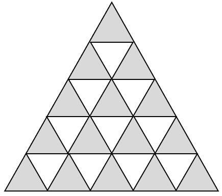 The figure shows a big triangle in which multiple other triangles can be seen. Observe the pattern of dark shaded and light unshaded triangles starting with one triangle in row 1, three triangles in row 2, five triangles in row 3 and so on. Concise Mathematics Solutions ICSE Class 10.
