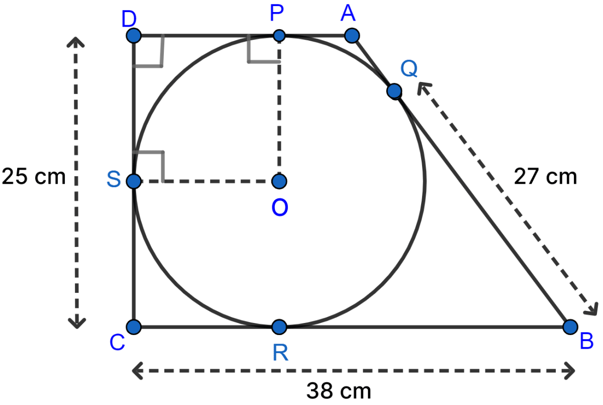 In the figure, a circle is inscribed in the quadrilateral ABCD. If BC = 38 cm, QB = 27 cm, DC = 25 cm and that AD is perpendicular to DC, find the radius of the circle. Tangents and Intersecting Chords, Concise Mathematics Solutions ICSE Class 10.