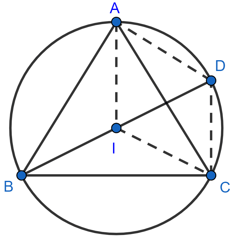 In the figure, I is the incenter of △ABC, BI when produced meets the circumcircle of △ABC at D. Given, ∠BAC = 55° and ∠ACB = 65°; calculate : ∠DCA, ∠DAC, ∠DCI, ∠AIC. Circles, Concise Mathematics Solutions ICSE Class 10.