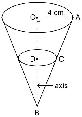 A cone of radius 4 cm is divided into two parts by drawing a plane through the mid-point of its axis and parallel to its base. Compare the volumes of the two parts. Model Paper 1, Concise Mathematics Solutions ICSE Class 10.