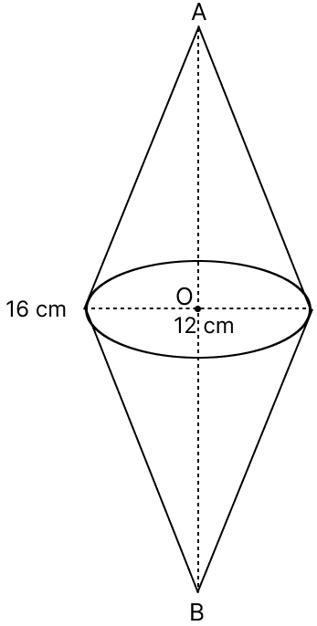 Two equal cones are touching each other completely at the base circle. Given that the distance between the two vertices is 16 cm and the diameter of the base circle is 12 cm, find the total surface area of this solid. Model Paper 4, Concise Mathematics Solutions ICSE Class 10.