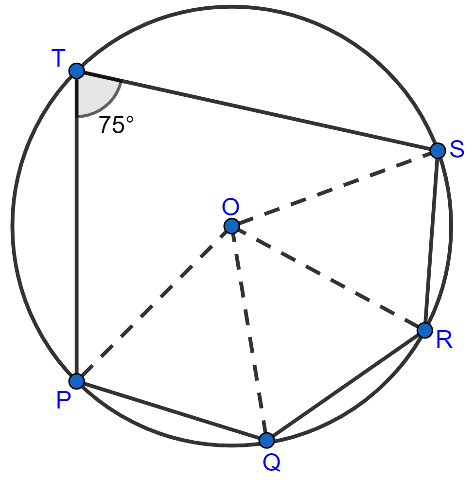 The given figure show a circle with centre O. Also, PQ = QR = RS and ∠PTS = 75°. Calculate: ∠POS, ∠QOR, ∠PQR. Circles, Concise Mathematics Solutions ICSE Class 10.