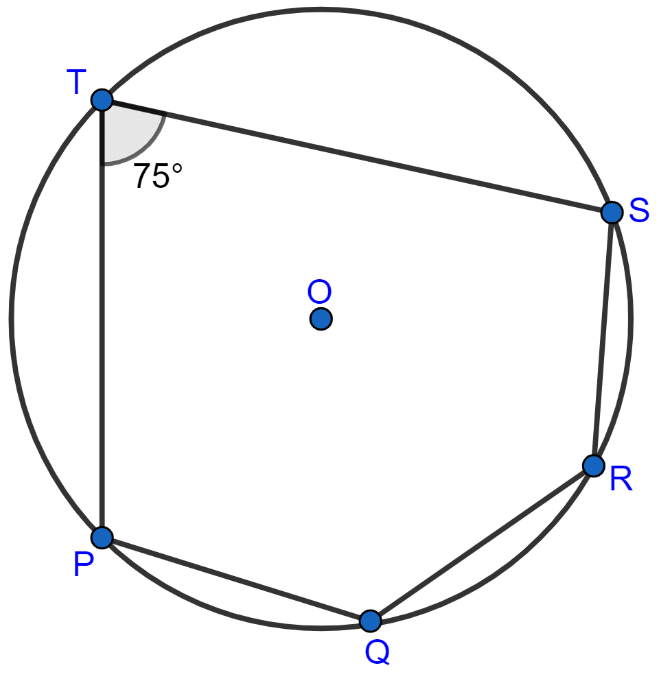 The given figure show a circle with centre O. Also, PQ = QR = RS and ∠PTS = 75°. Calculate: ∠POS, ∠QOR, ∠PQR. Circles, Concise Mathematics Solutions ICSE Class 10.