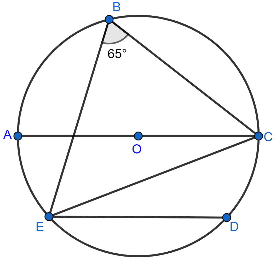 In the given figure, chord ED is parallel to diameter AC of the circle. Given ∠CBE = 65°, calculate ∠DEC. Circles, Concise Mathematics Solutions ICSE Class 10.