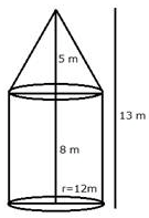 A circus tent is cylindrical to a height of 8 m surmounted by a conical part. If total height of the tent is 13 m and the diameter of its base is 24 m; calculate: (i) total surface area of the tent (ii) area of canvas, required to make this tent allowing 10% of the canvas used for folds and stitching. Cylinder, Cone, Sphere, Concise Mathematics Solutions ICSE Class 10.