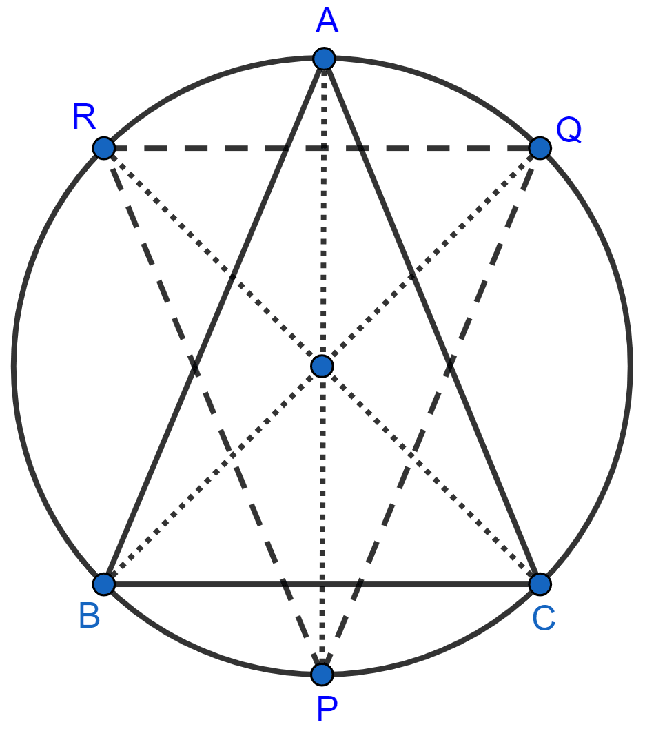 A triangle ABC is inscribed in a circle. The bisectors of angle BAC, ABC and ACB meet the circumcircle of the triangle at points P, Q and R respectively. Prove that : ∠ABC = 2∠APQ,  ∠ACB = 2∠APR,  ∠QPR = 90° - 1/2∠BAC. Circles, Concise Mathematics Solutions ICSE Class 10.