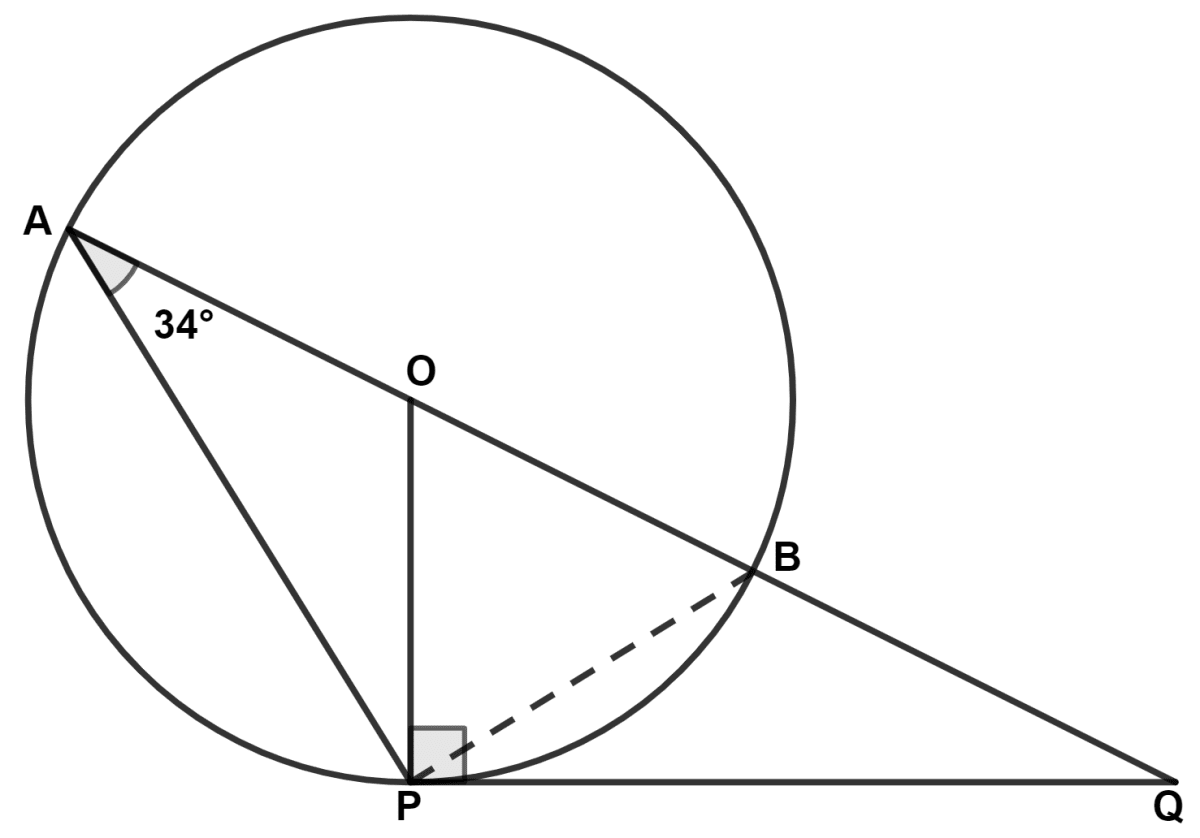 AB is a diameter of the circle with center O. The tangent at a point P meets AB produced in Q, ∠PAQ = 34°, find angles ∠PBA and ∠PQA. Model Question Paper - 1, Concise Mathematics Solutions ICSE Class 10.