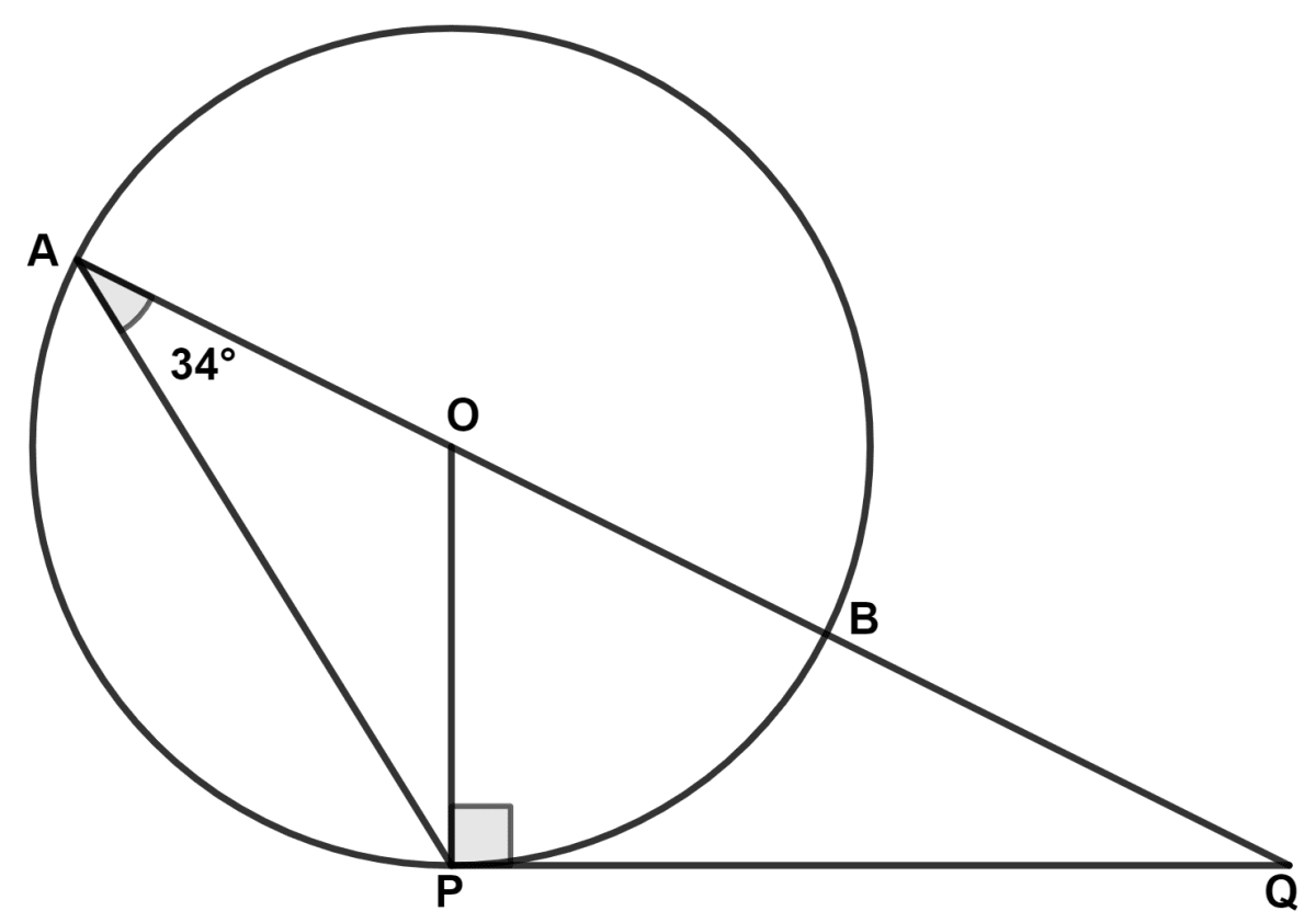 AB is a diameter of the circle with center O. The tangent at a point P meets AB produced in Q, ∠PAQ = 34°, find angles ∠PBA and ∠PQA. Model Question Paper - 1, Concise Mathematics Solutions ICSE Class 10.